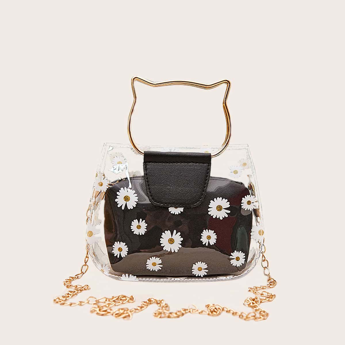 

Cat Ring Handle Daisy Satchel Bag, Black