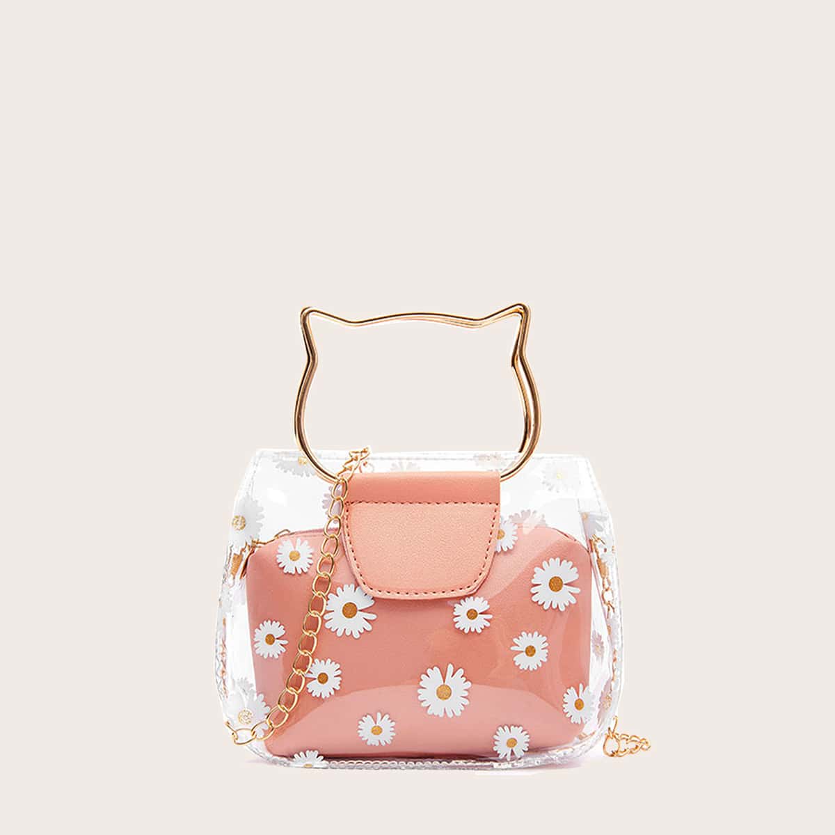 

Cat Ring Handle Daisy Satchel Bag, Baby pink