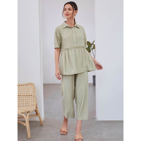 

Button Half Peplum Top With Pants, Army green