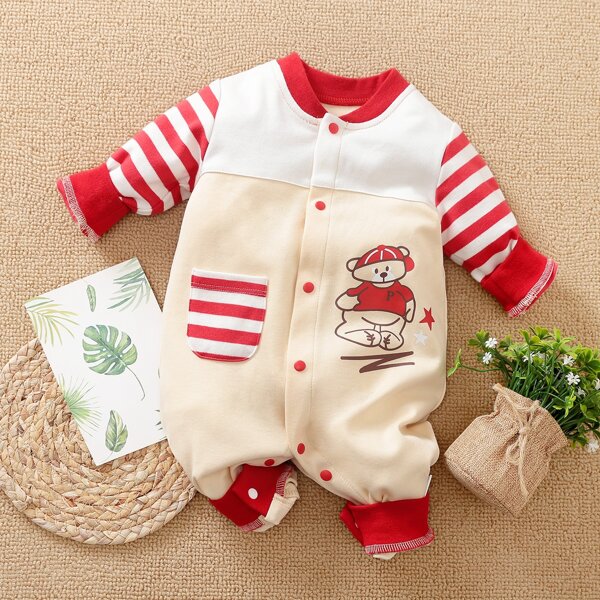 

Baby Unisex Patch Pocket Striped & Cartoon Graphic Jumpsuit, Multicolor