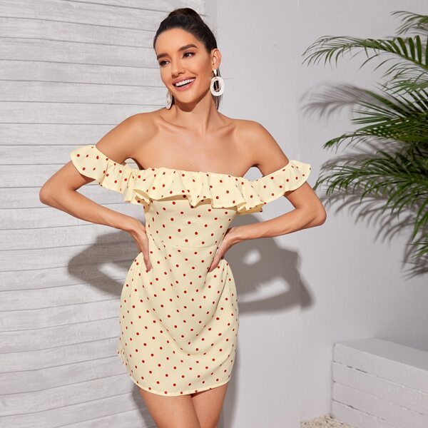 

Polka Dot Ruffle Bardot Dress, Yellow