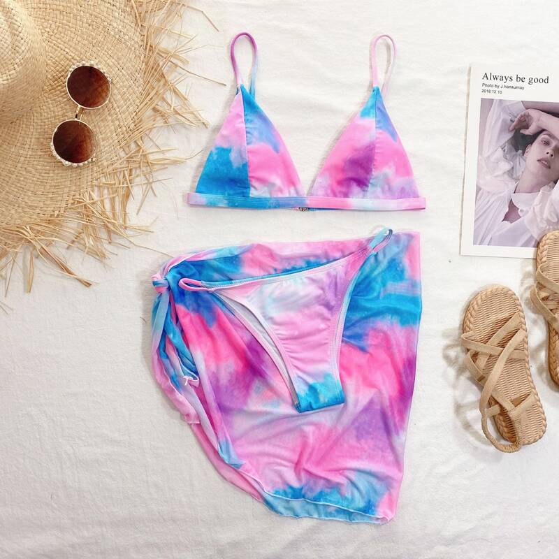 

3pack Tie Dye Bikini Swimsuit & Cover Up Skirt, Multicolor