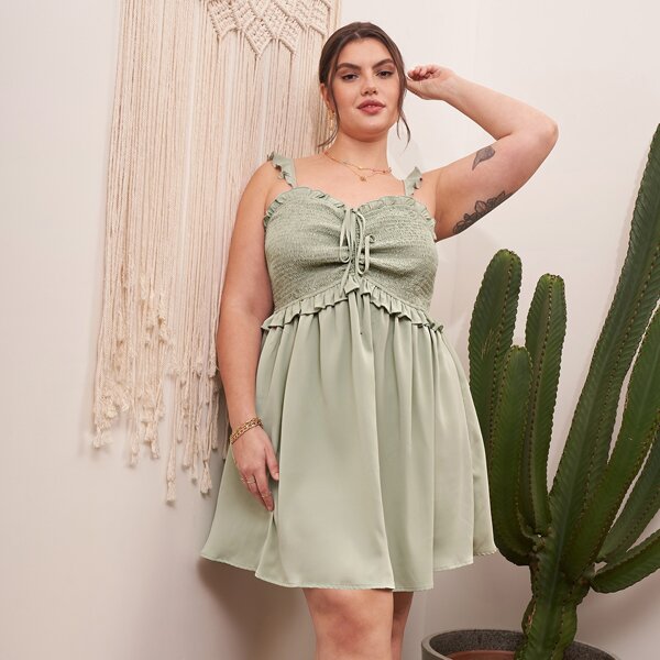 

Plus Ruffle Trim Ruched Drawstring Shirred Bodice Dress, Mint green