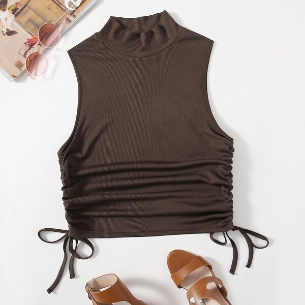 

Plus Rib Knit Drawstring Side Tank Top, Chocolate brown