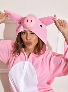 Traje de cerdo con cremallera delantera - Rosa Pálido - Ver 3