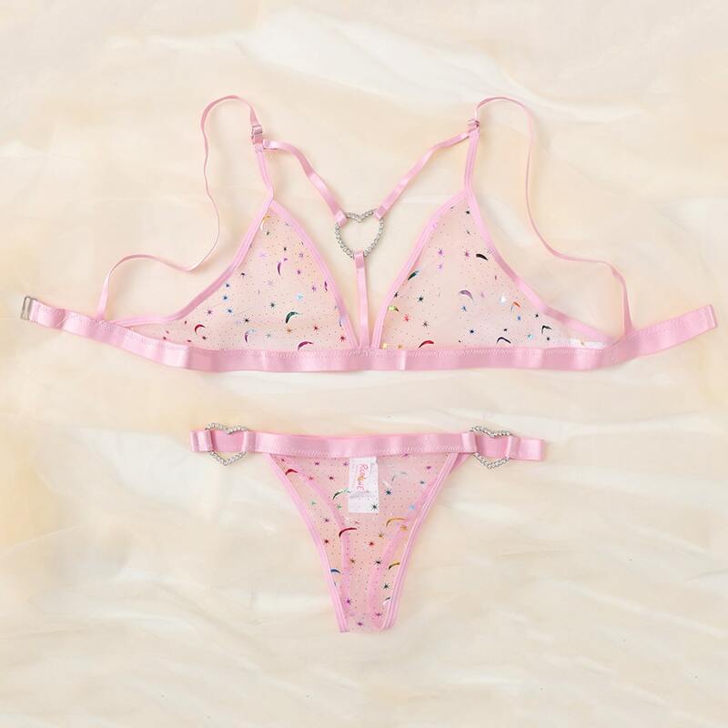 

Mesh Galaxy Heart Ring Linked Lingerie Set, Baby pink