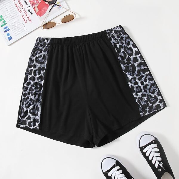 

Plus Leopard Print Colorblock Shorts, Black