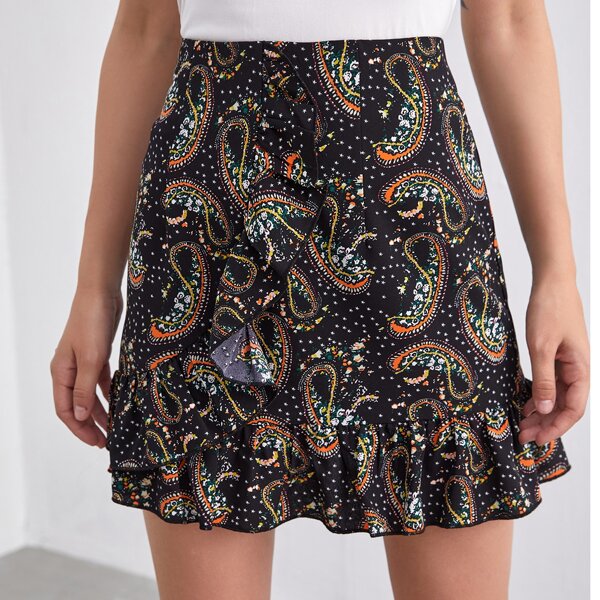 

Paisley Print Ruffle Hem Skirt, Black