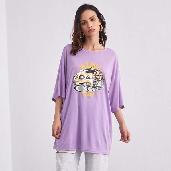 

Car & Slogan Graphic Drop Shoulder Tee, Pastel lilac purple
