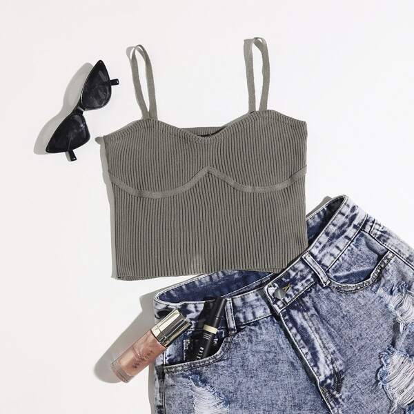 

Solid Ribbed Knit Top, Grey