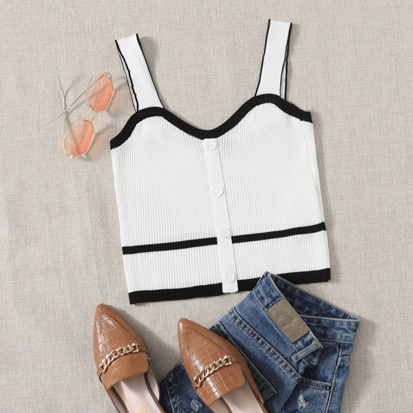 

Contrast Binding Button Front Knit Top, White