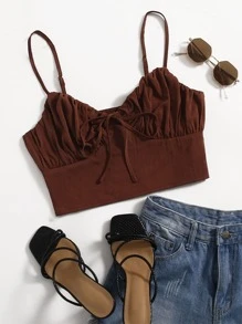 SHEIN Unity Áo hai dây Thắt nút màu trơn Giải trí - Màu nâu Sô-cô-la - Xem 1