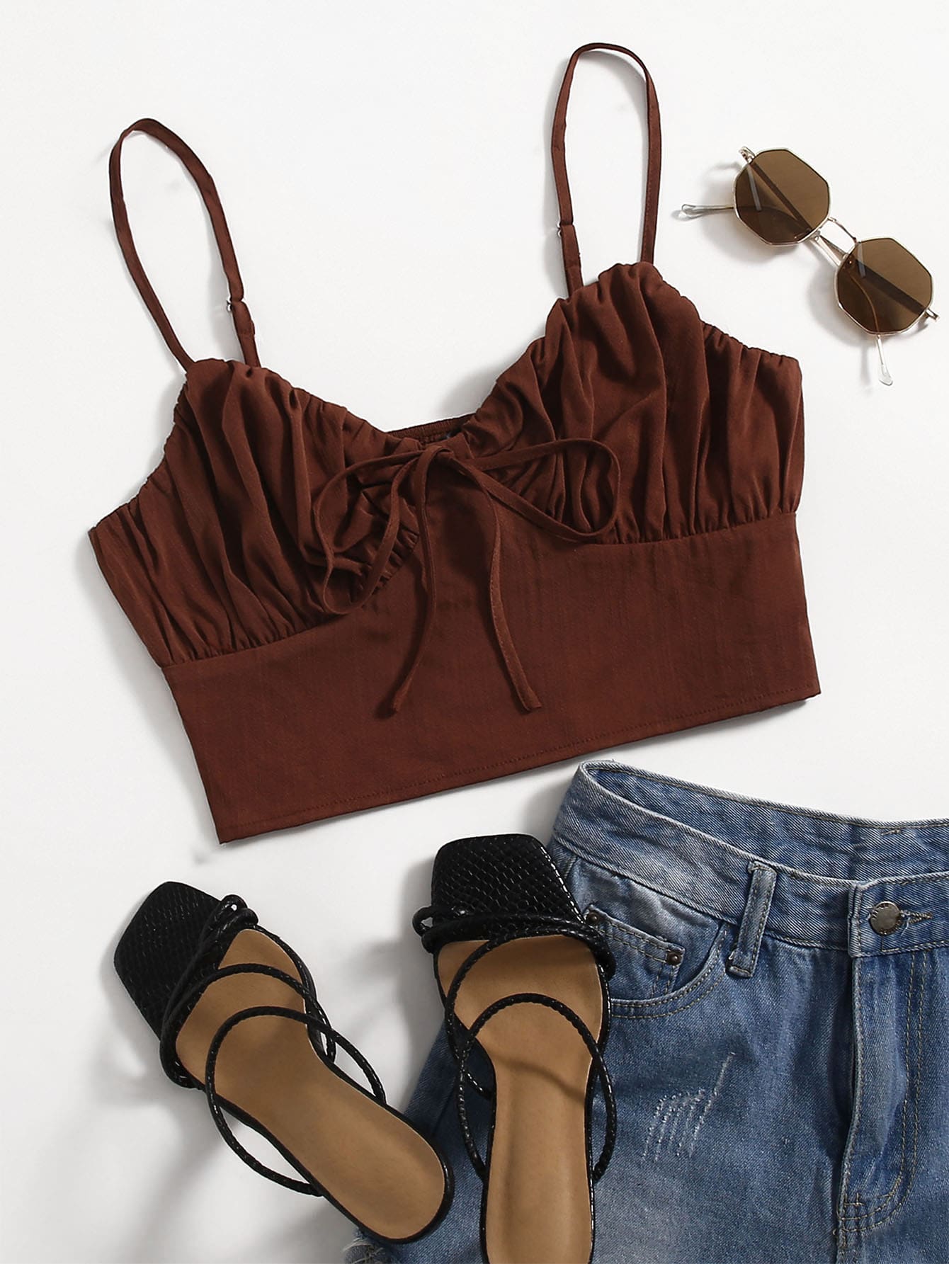 SHEIN Unity Áo hai dây Thắt nút màu trơn Giải trí - Màu nâu Sô-cô-la - Xem 1