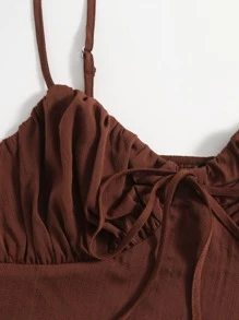 SHEIN Unity Áo hai dây Thắt nút màu trơn Giải trí - Màu nâu Sô-cô-la - Xem 4