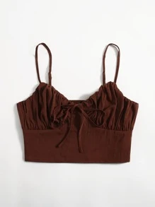 SHEIN Unity Áo hai dây Thắt nút màu trơn Giải trí - Màu nâu Sô-cô-la - Xem 5