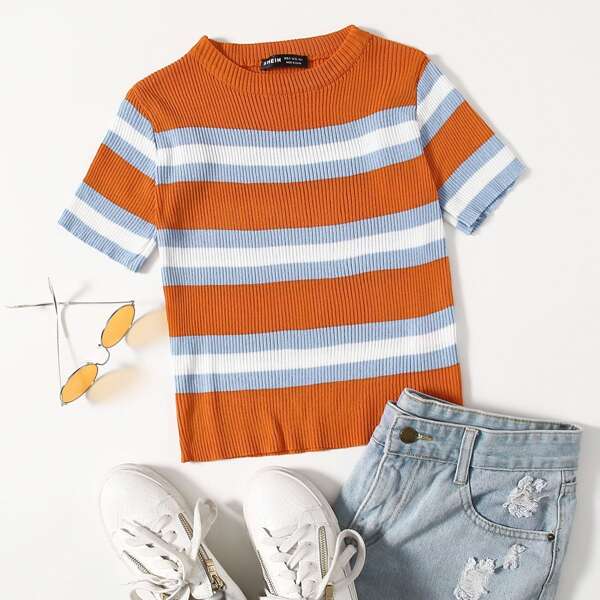 

Striped Pattern Knit Top, Multicolor