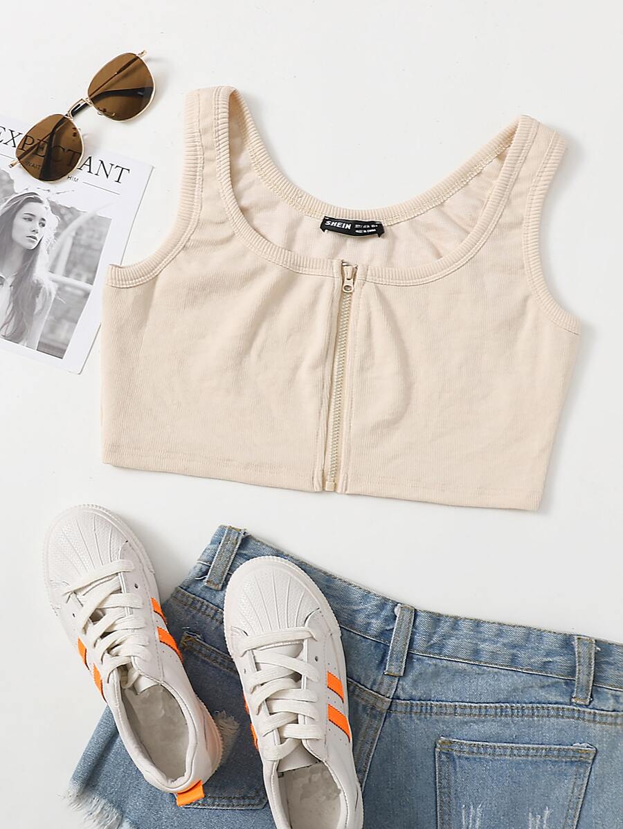 SHEIN Unity Zip Up Solid Tank Top - Beige - View 1