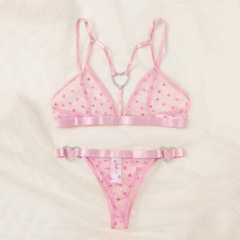 

Mesh Heart Ring Linked Lingerie Set, Pink
