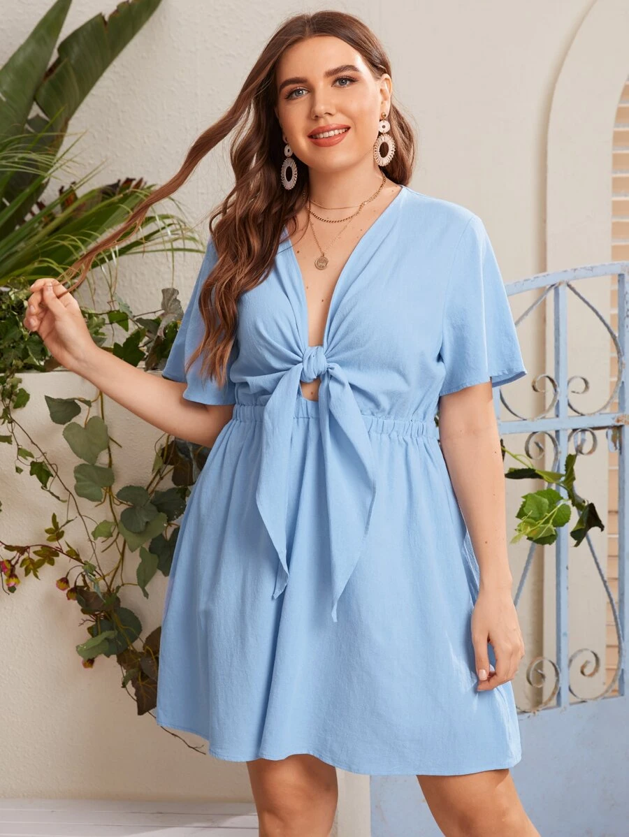 SHEIN Unity Plus Tie Front Solid Dress - Baby Blue - View 1