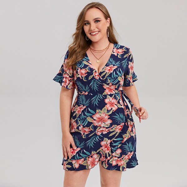 

Plus Floral & Plants Print Ruffle Hem Warp Dress, Multicolor
