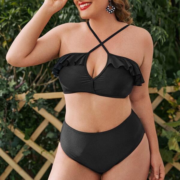

Plus Ruffle Hem Crisscross Bikini Swimsuit, Black