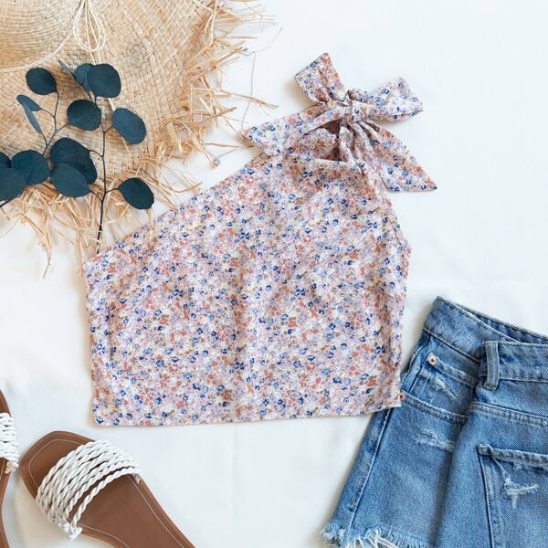 

One Shoulder Knot Detail Ditsy Floral Top, Multicolor