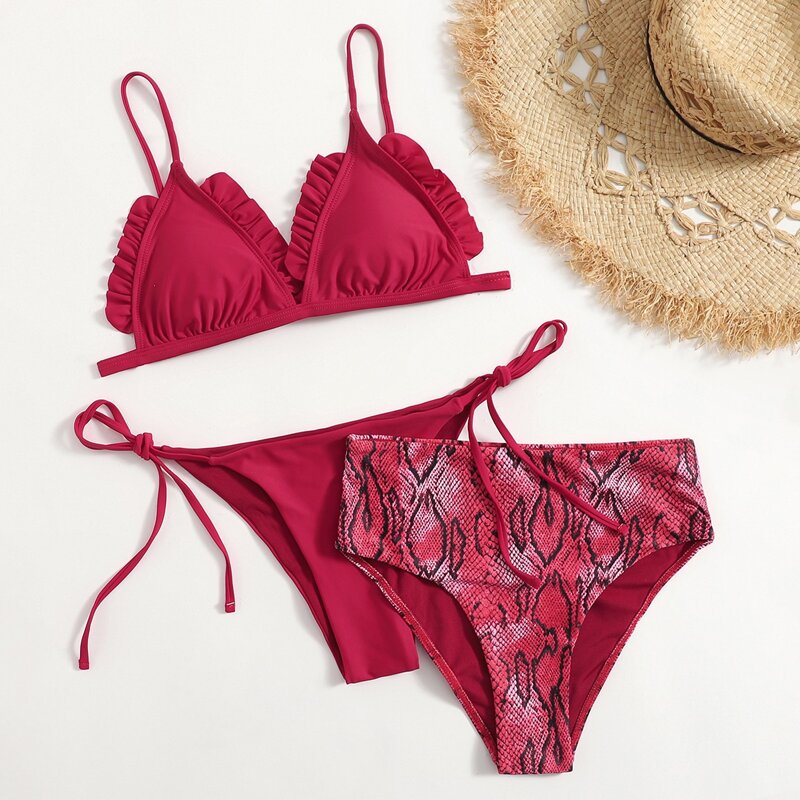 

3pack Frill Tie Side Snakeskin Bikini Swimsuit, Red