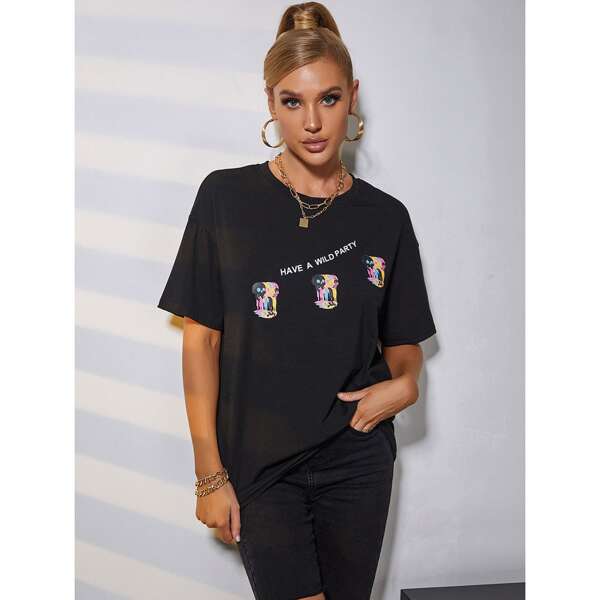 

Drop Shoulder Slogan & Skull Print Longline Tee, Black