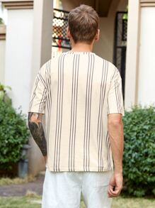 Manfinity Men 1pc Vertical Striped Drop Shoulder Tee - Beige - View 2