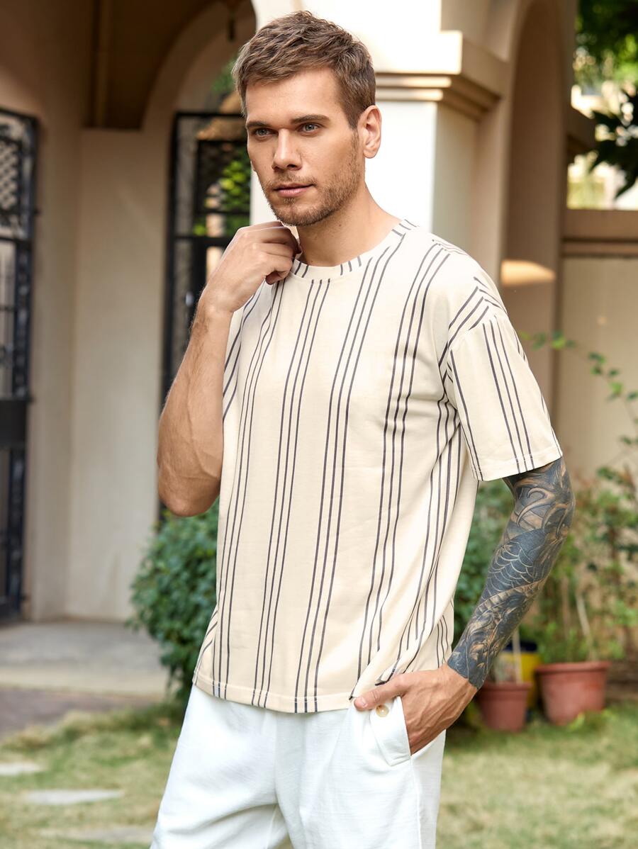 Manfinity Men 1pc Vertical Striped Drop Shoulder Tee - Beige - View 1