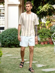 Manfinity Men 1pc Vertical Striped Drop Shoulder Tee - Beige - View 4