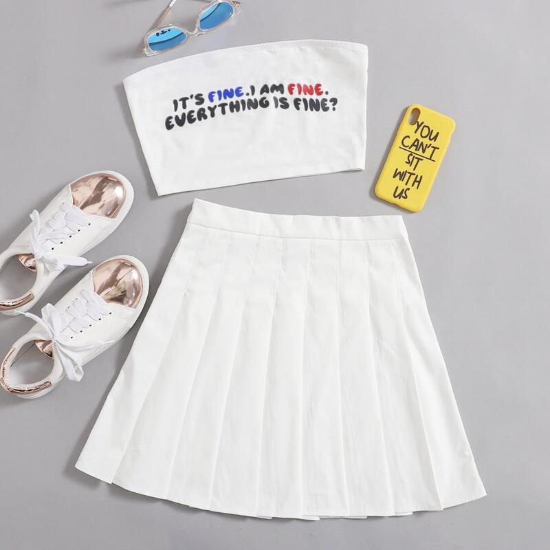 Slogan Graphic Tube Top & Pleated Skirts Set, White