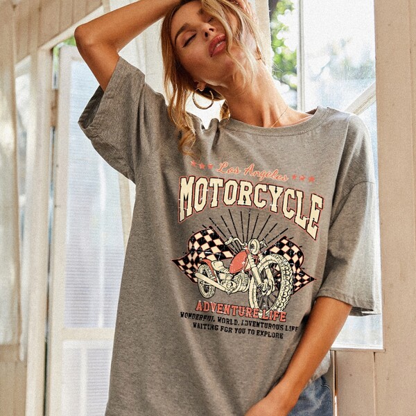 

Motorcycle And Slogan Graphic Oversized Tee, Light grey