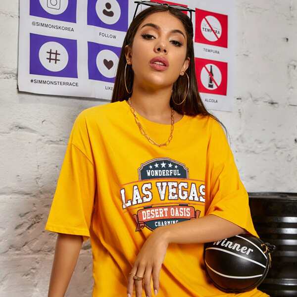 

Drop Shoulder Letter Graphic Oversized Tee, Yellow