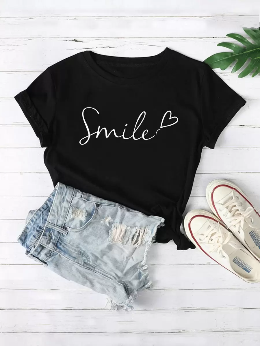 SHEIN LUNE Letter And Heart Print Tee - Black - View 1