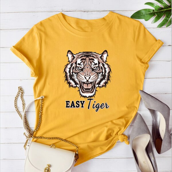 

Tiger And Letter Graphic Tee, Yellow