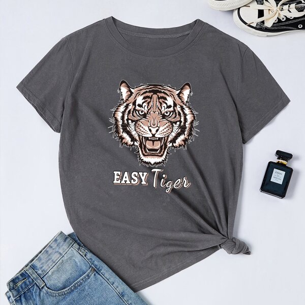 

Tiger And Letter Graphic Tee, Dark grey