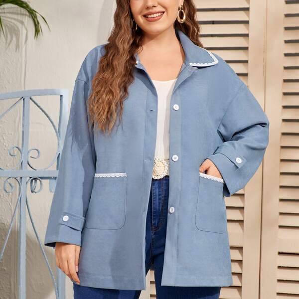 

Plus Lace Trim Dual Pocket Coat, Dusty blue