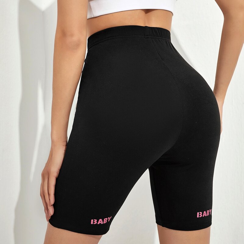 

Letter Graphic High Waist Biker Shorts, Black