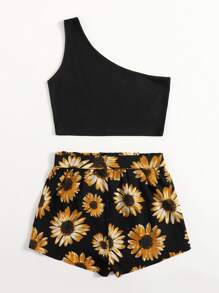 Soleia One Shoulder Top & Floral Belted Shorts Set - Black - View 2