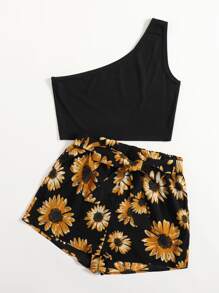 Soleia One Shoulder Top & Floral Belted Shorts Set - Black - View 5