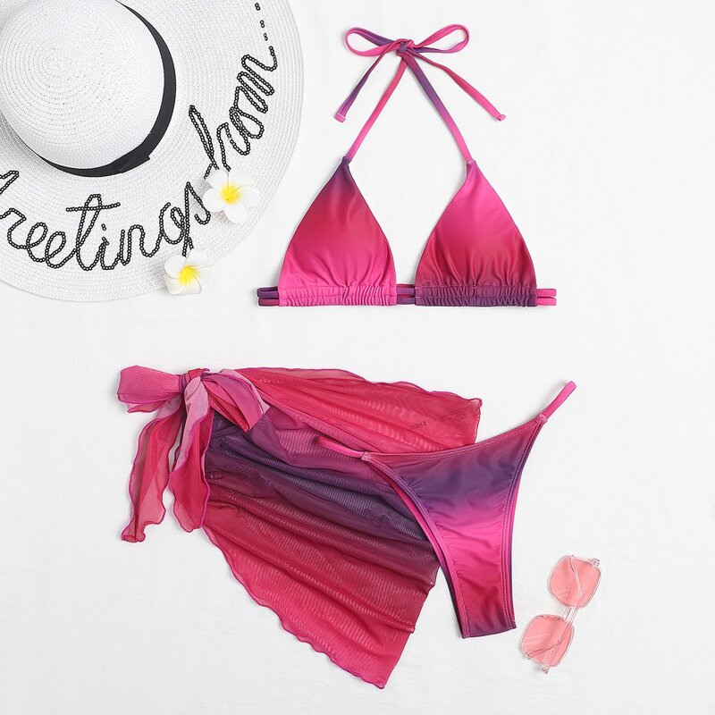 

3pack Ombre Micro Triangle Bikini Swimsuit & Beach Skirt, Multicolor