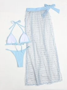 3packs Micro Triangle Thong Bikini Set & Beach Skirt