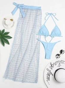 3packs Micro Triangle Thong Bikini Set & Beach Skirt