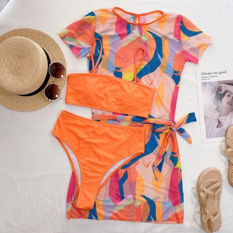 

3pack Allover Graphic Bikini Swimsuit & Belted Cover Up, Orange