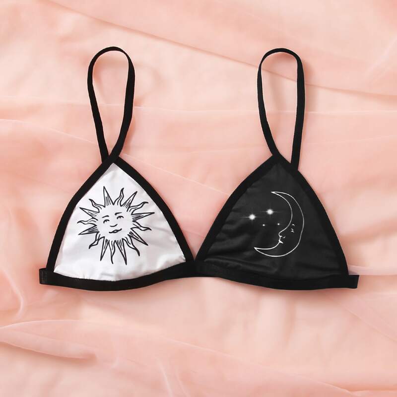 

Sun & Moon Graphic Triangle Bra, Black and white