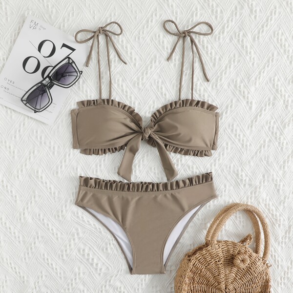 

Frill Trim Knot Front Bikini Swimsuit, Grey