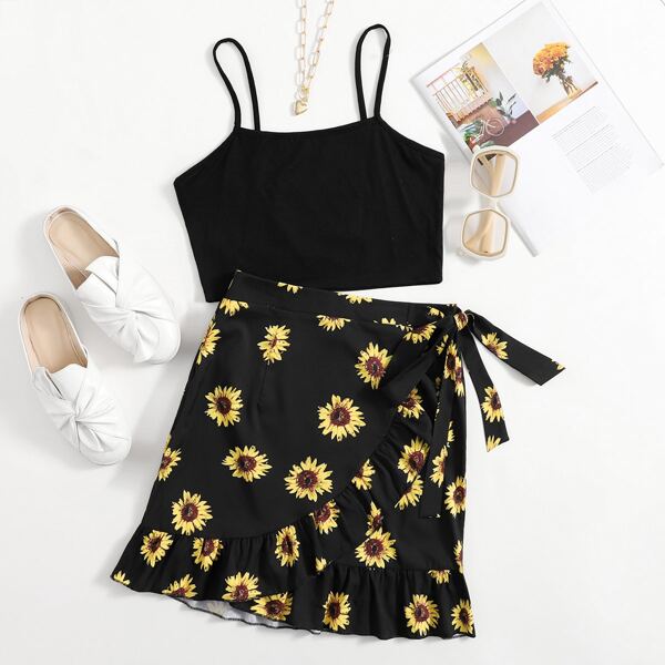 

Cami Top With Sunflower Ruffle Wrap Skirt, Black