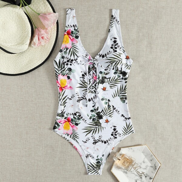 

Floral & Tropical Lace Up One Piece Swimsuit, Multicolor