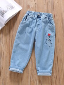 Young Girl Hand & Heart Print Jeans - Light Wash - View 1